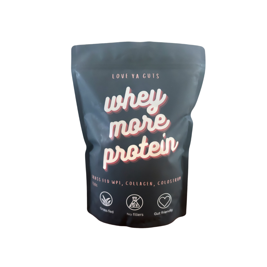 Black protein supplement package with 'Whey More Protein' label.