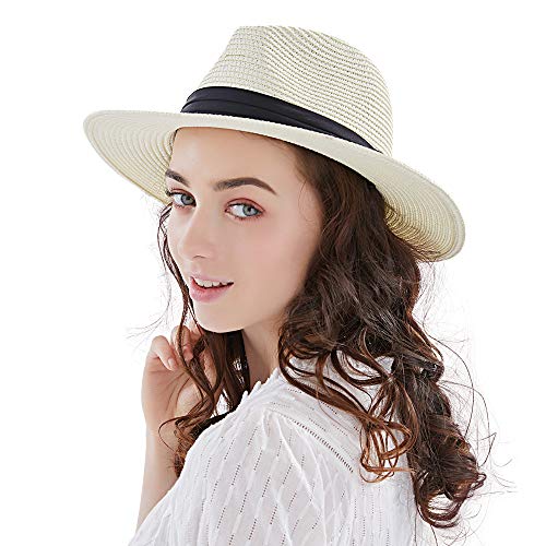 Anycosy Panama Straw Hat,Womens Sun Hats Summer Wide Brim Floppy Fedora ...
