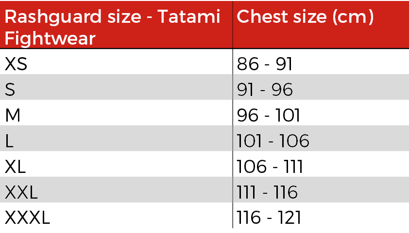 Tableau des tailles rashguard tatami fightwear