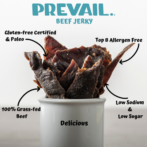 A picture with Beef jerky in a tin showing all of the health benefits PREVAIL beef jerky has to offer