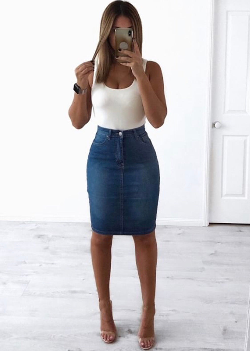 stretch denim pencil skirt