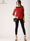 Red Solid Cold Shoulder Top With Sequined Details
