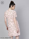 Pink Floral Flared Sleeve A-Line Dress