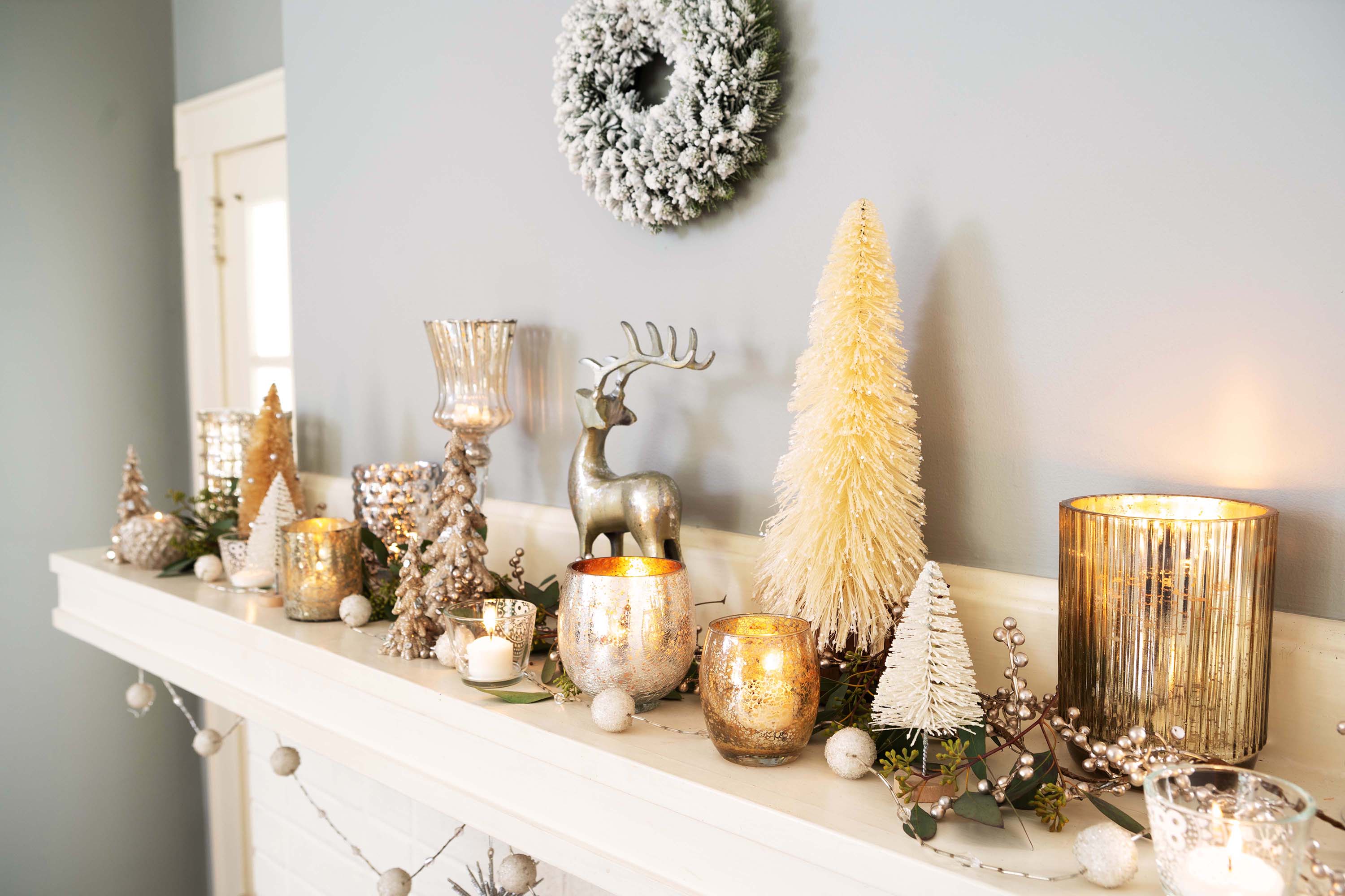 A decorated fireplace mantel