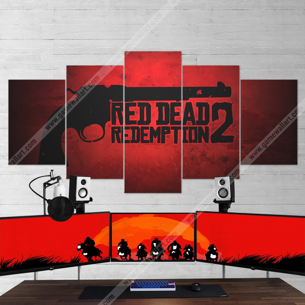 Red Dead Redemption 2 Revolver Gun Logo 5 Piece Canvas Wall Art Gaming