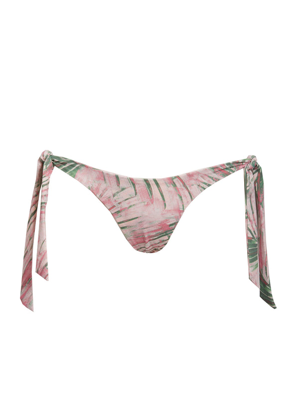 LVHR Colette Bikini Bottom in pink palm print. Compressive, soft nylon swim fabric. Adjustable ties and Brazilian back coverage. Front.