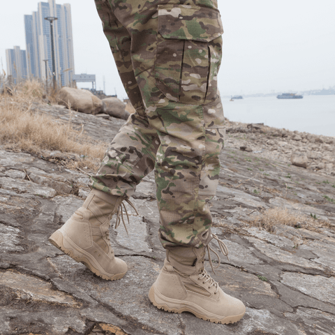 camouflage pants and combat boots