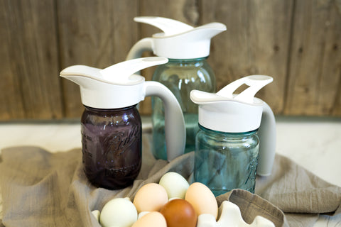 Ball brand vintage inspired jars in purple and blue with Ergo Spouts on top - mason jar spout and handle