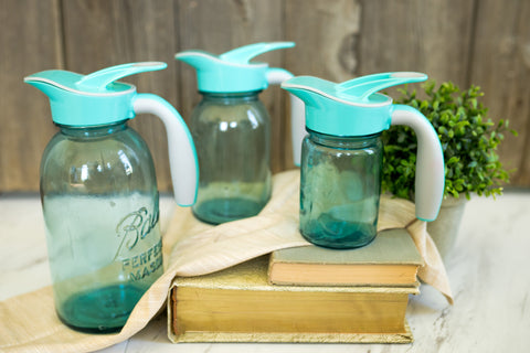 3 blue mason jars with blue Ergo Spouts - mason jar spout and handle