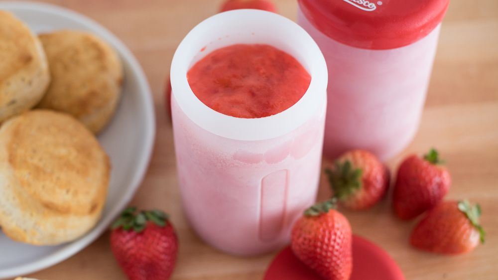 Strawberry freezer jam in silicone jars