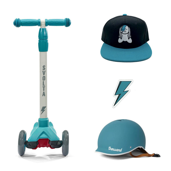 Svolta Mega Teal scooter Thousand Helmet Bunny hat lightning bolt sticker