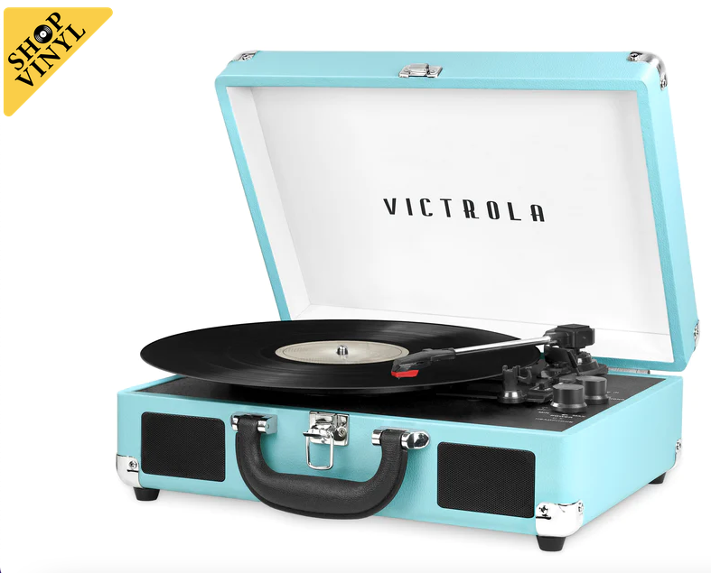 Victrola Portable Suitcase Record Player Open Turquoise