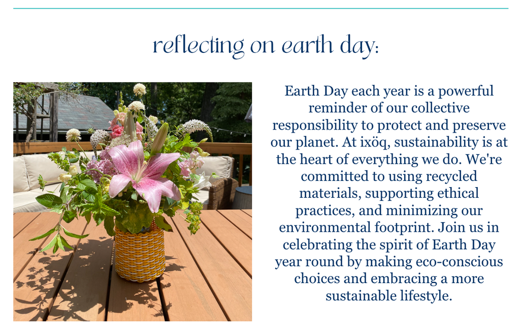 floral arrangement in recycled plastic planter; text about earth day