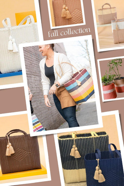 collage of images showing neutral color cesta totes for a perfect fall collection
