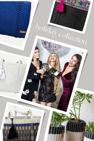 collage of images showing dark & winter festive color cesta totes for a perfect holiday collection