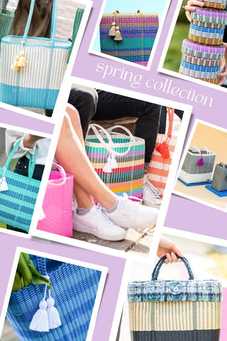 COLLECTION OF COLORFUL & FUN TOTES IN SPRING COLORS.