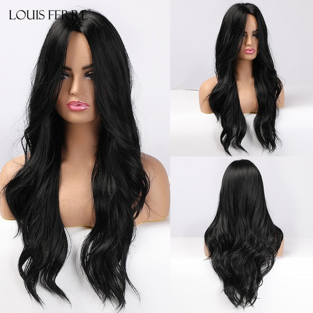 LOUIS FERRE Long Black Brown Gloden Honey Wavy Wig with Highlights Cosplay Synthetic Wigs Women Heat Resistant Middle Part Wigs