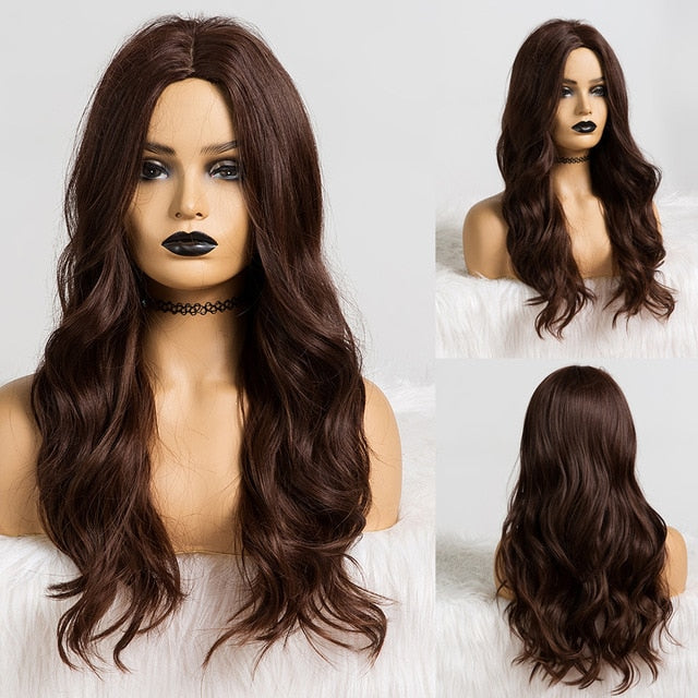 LOUIS FERRE Long Black Brown Gloden Honey Wavy Wig with Highlights Cosplay Synthetic Wigs Women Heat Resistant Middle Part Wigs