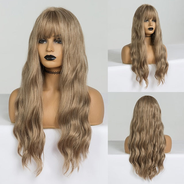 LOUIS FERRE Long Black Brown Gloden Honey Wavy Wig with Highlights Cosplay Synthetic Wigs Women Heat Resistant Middle Part Wigs