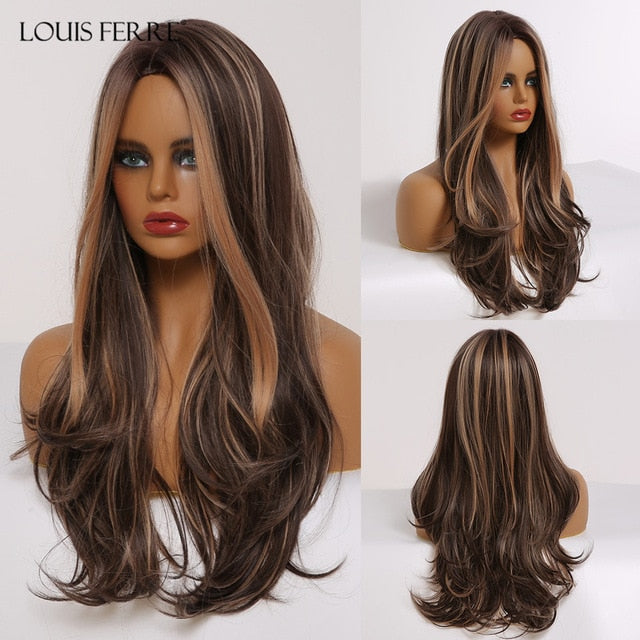 LOUIS FERRE Long Black Brown Gloden Honey Wavy Wig with Highlights Cosplay Synthetic Wigs Women Heat Resistant Middle Part Wigs