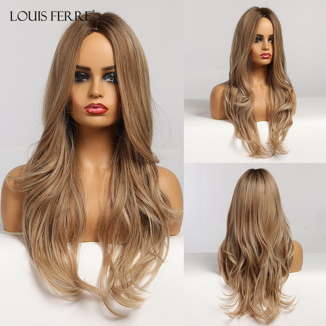 LOUIS FERRE Long Black Brown Gloden Honey Wavy Wig with Highlights Cosplay Synthetic Wigs Women Heat Resistant Middle Part Wigs