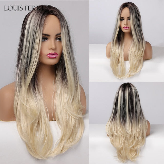 LOUIS FERRE Long Black Brown Gloden Honey Wavy Wig with Highlights Cosplay Synthetic Wigs Women Heat Resistant Middle Part Wigs