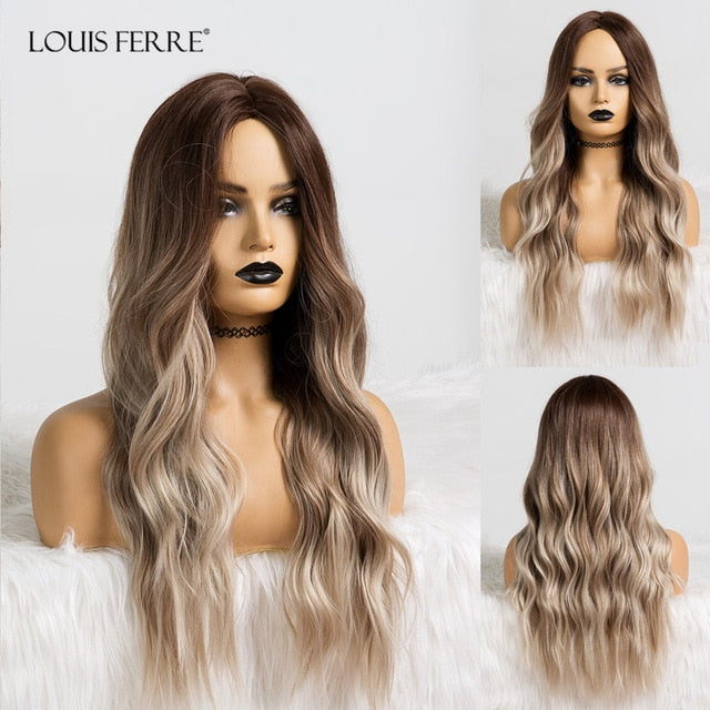 LOUIS FERRE Long Black Brown Gloden Honey Wavy Wig with Highlights Cosplay Synthetic Wigs Women Heat Resistant Middle Part Wigs