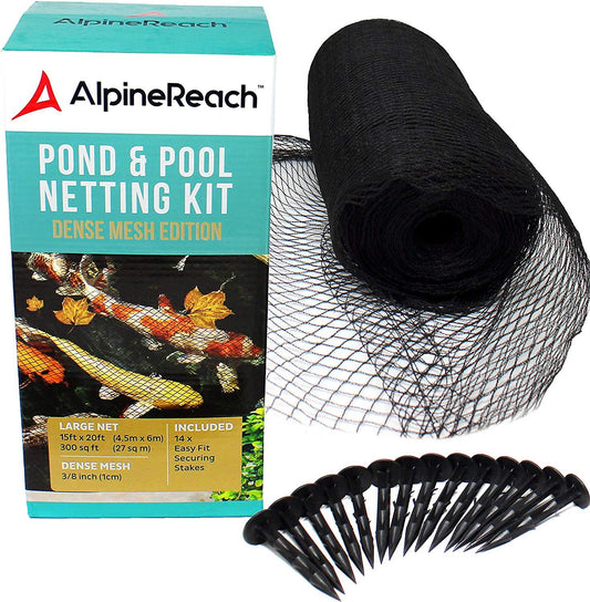 AlpineReach Pond Netting Kit 15 x 20 Feet & 20 Steel Staples - Woven Fine Mesh Heavy Duty Stretch Net Cover for Leaves - Protects Koi Fish from Blue