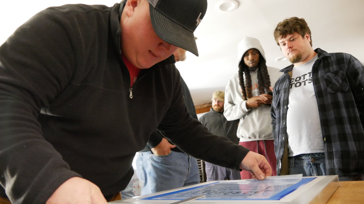 Checking registration at our Screen Printing 101 Class at Texsource