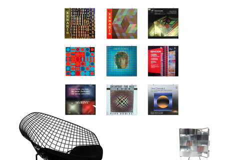 9 vinyls-designVasarely-DisplayVinylWaller-OpArtDeco-ArmchairByBertoia-LampBySauze