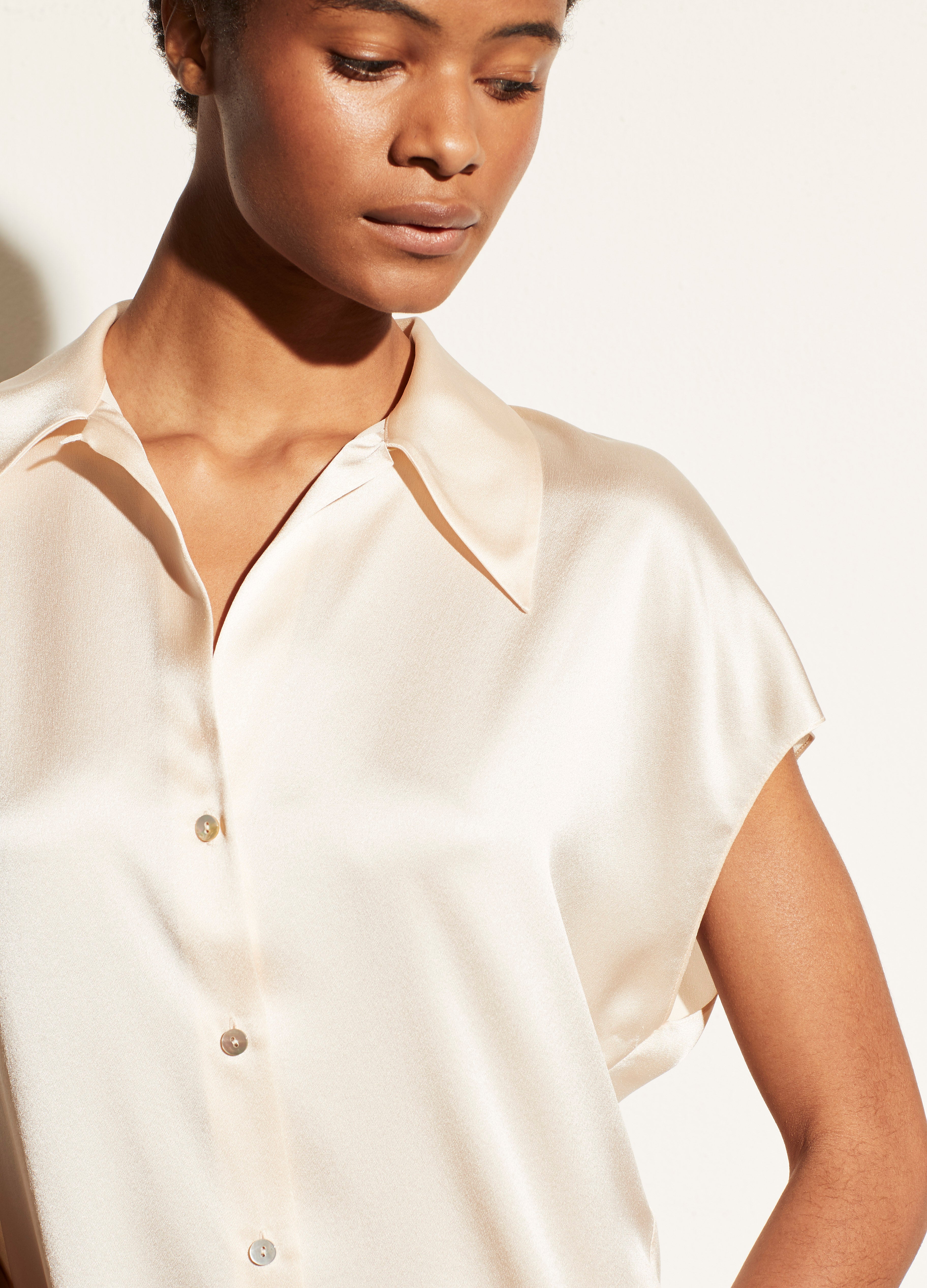 Vince | Silk Shaped Collar Cap Sleeve Blouse in Chiffon | Vince Unfold