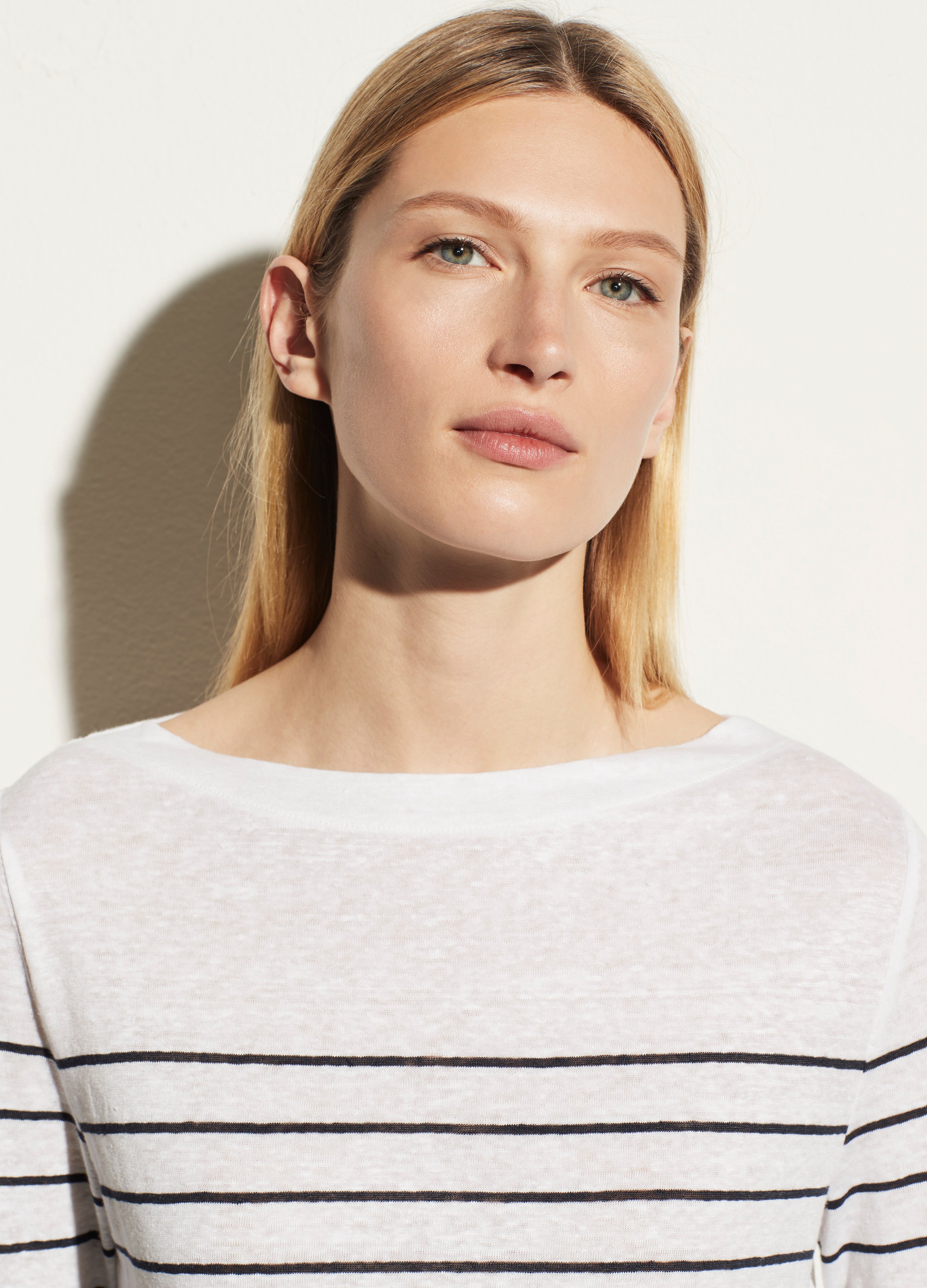 Vince | Breton Stripe Long Sleeve Boat Neck in Optic White/Coastal ...