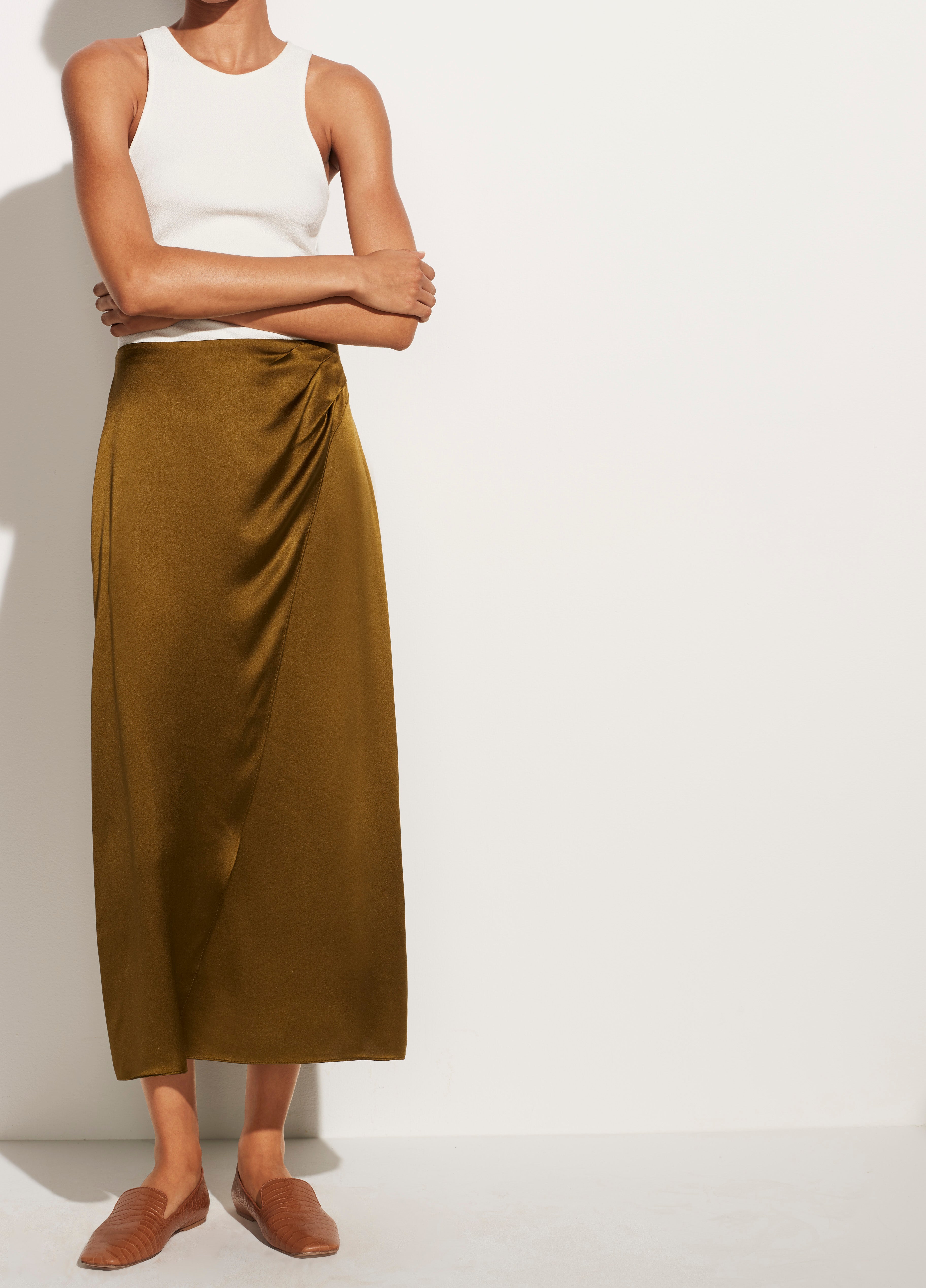 Vince Stitch Pleating Wrap Midi Skirt in White Cotton ref.527407