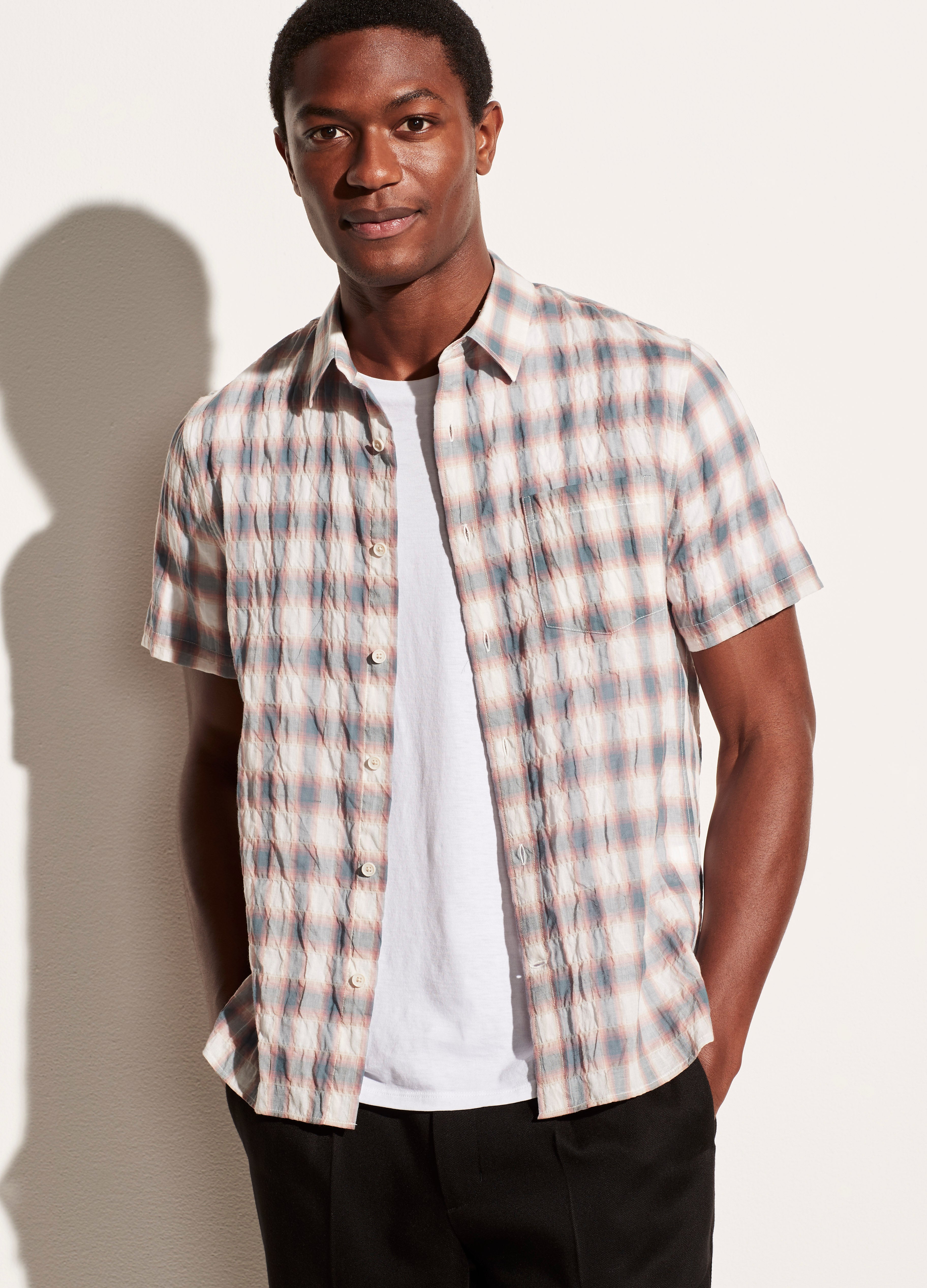Vince M | Multi Shadow Plaid Short Sleeve in Off White/Palisades Blue ...