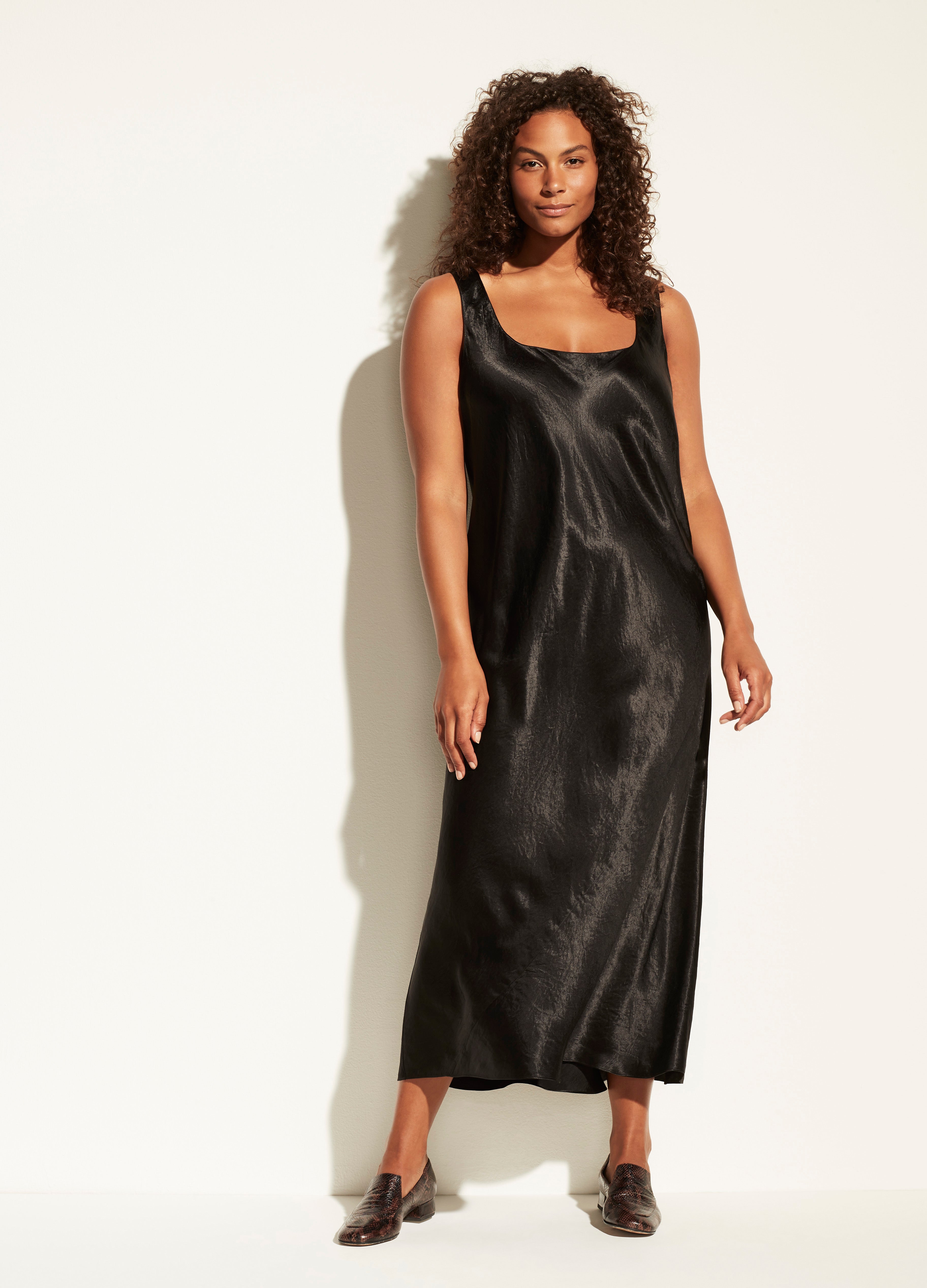 Vince Extended, Square Neck Satin Tank Dress in Black