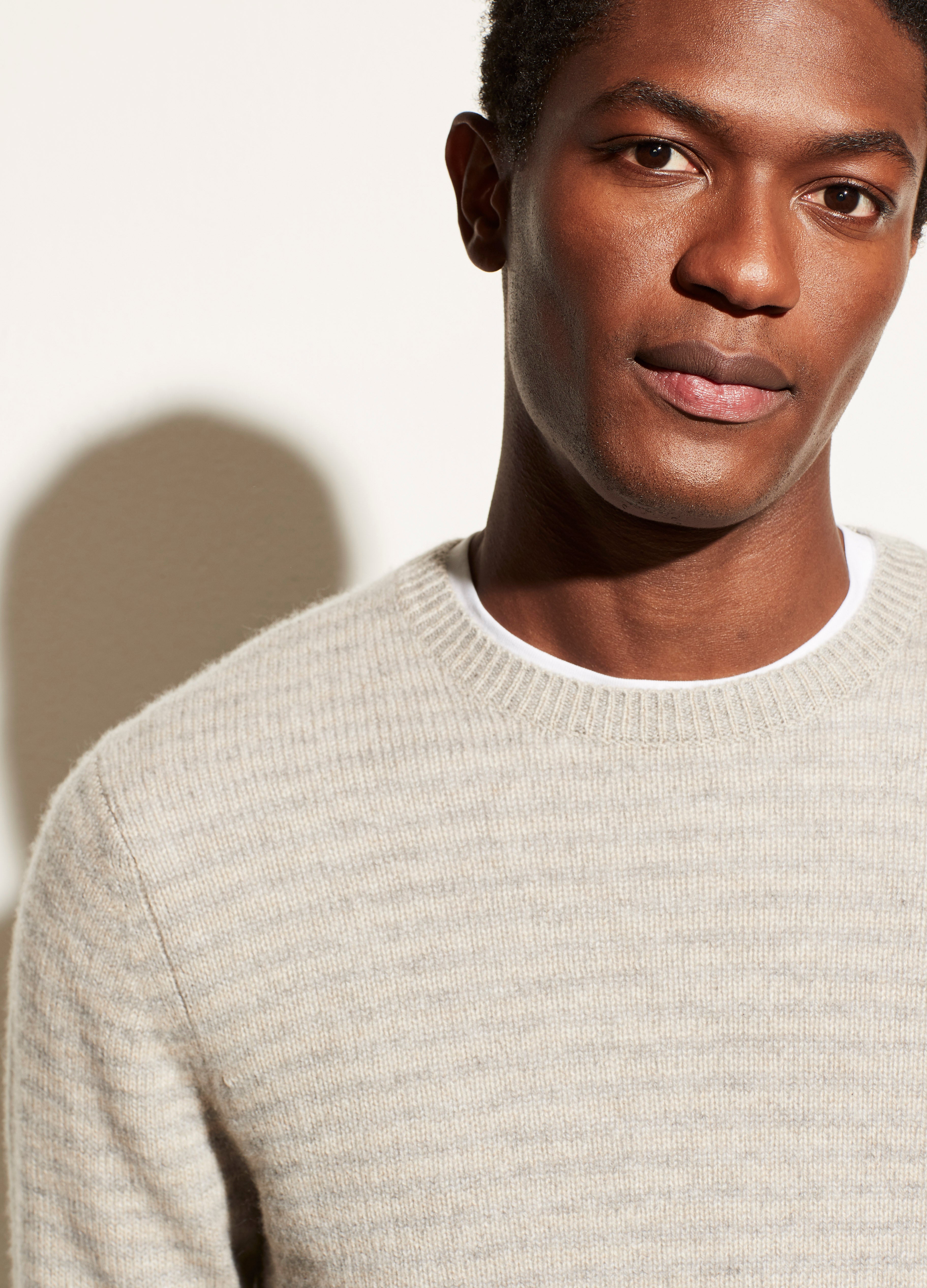 Vince M | Plush Cashmere Stripe Long Sleeve Crew in Heather Beige ...