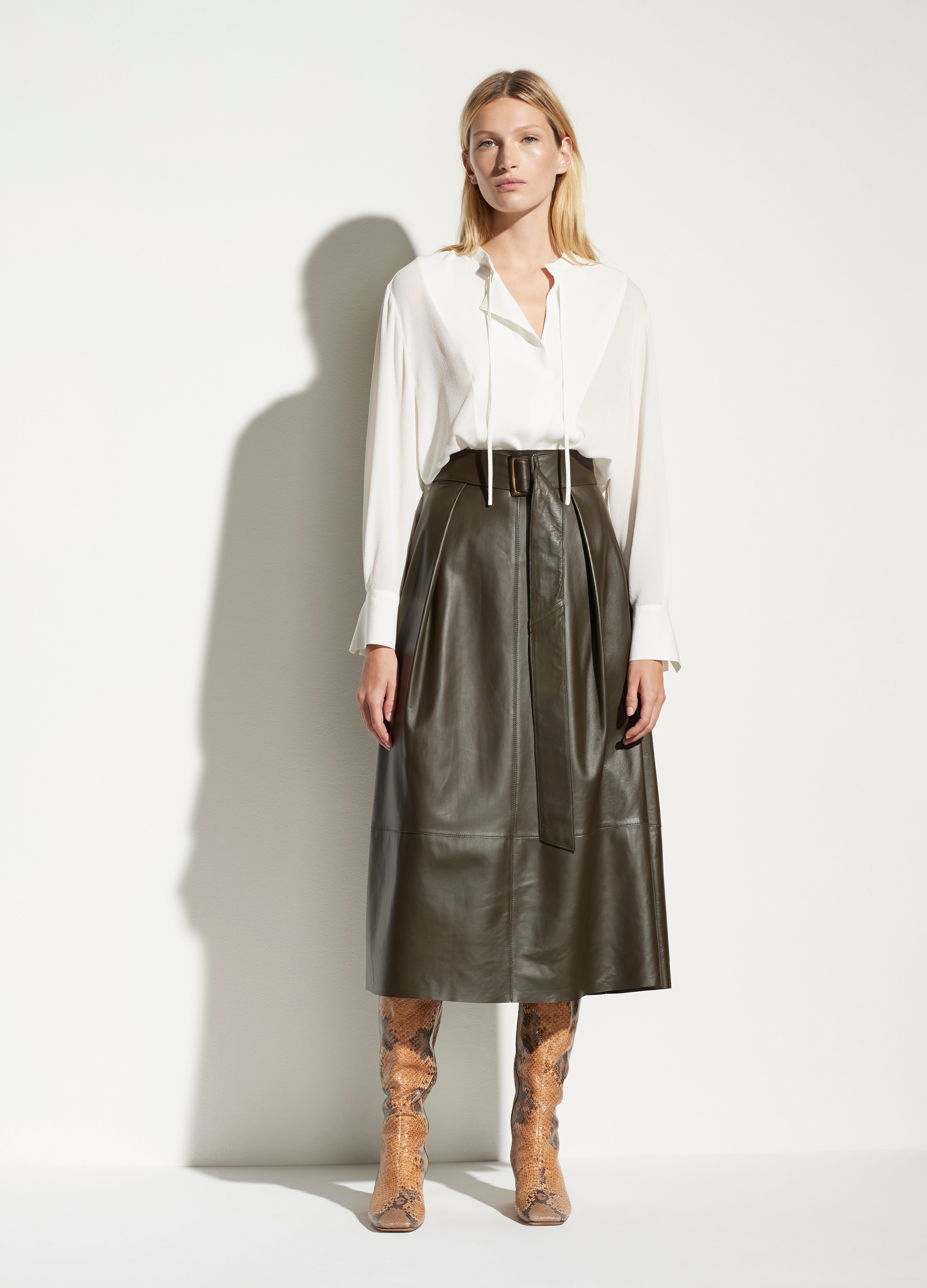 Vince, Leather Belted Skirt in Antique Olive