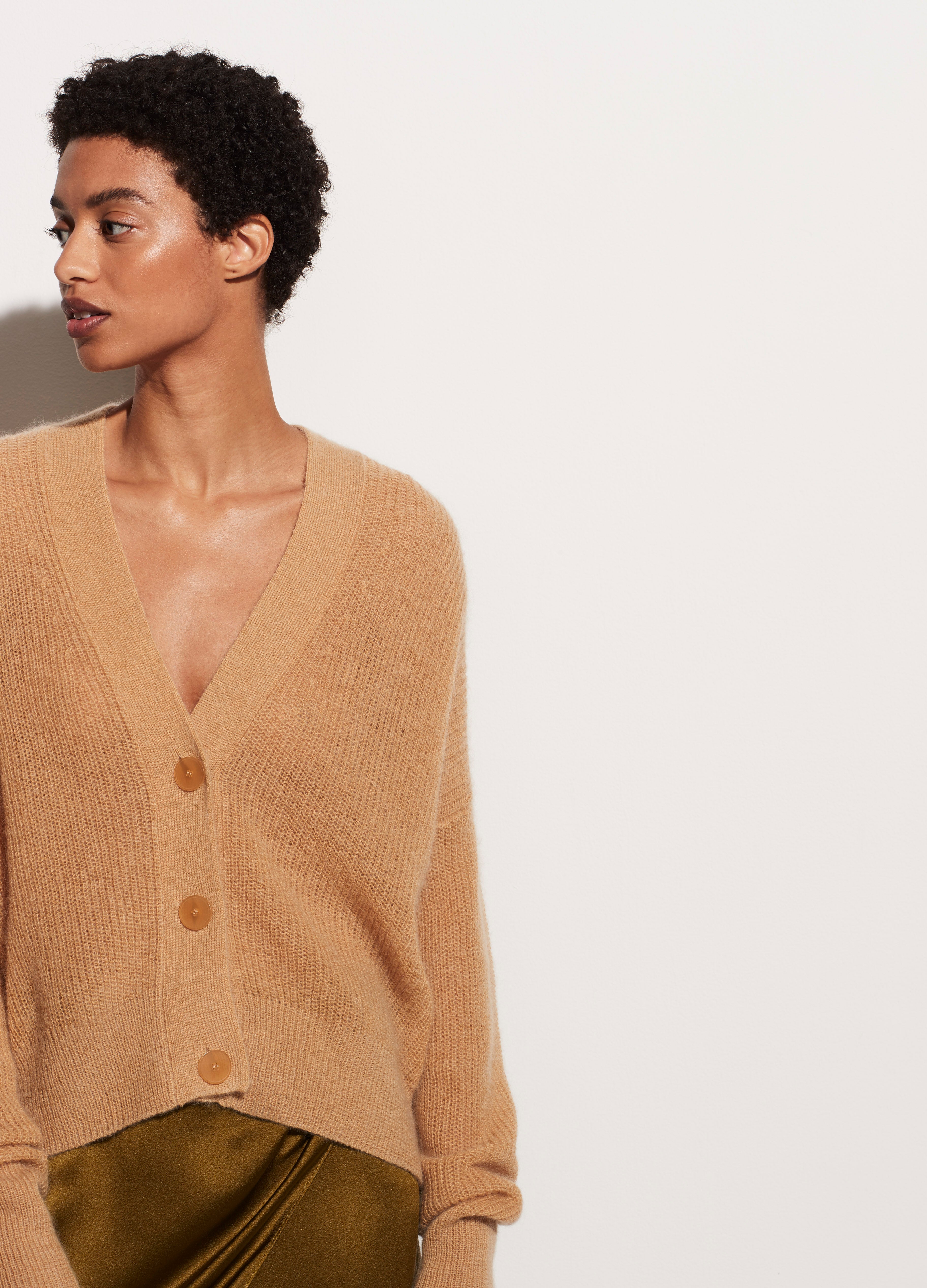 Vince, Mohair Open Stitch Cardigan in Straw