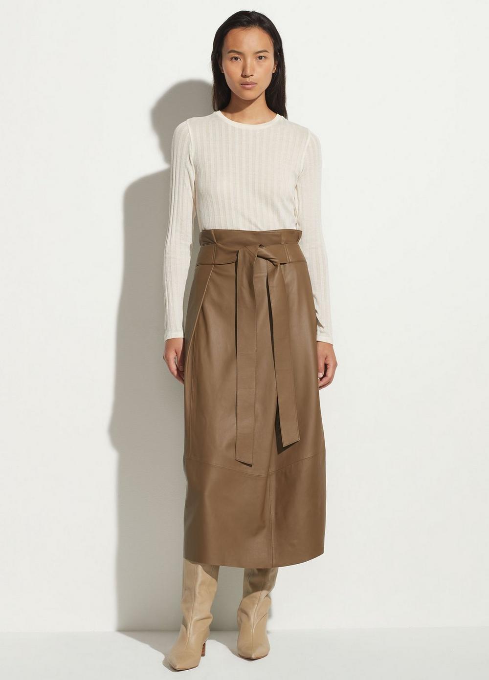 Vince, Belted Leather Skirt in Dark Wheat