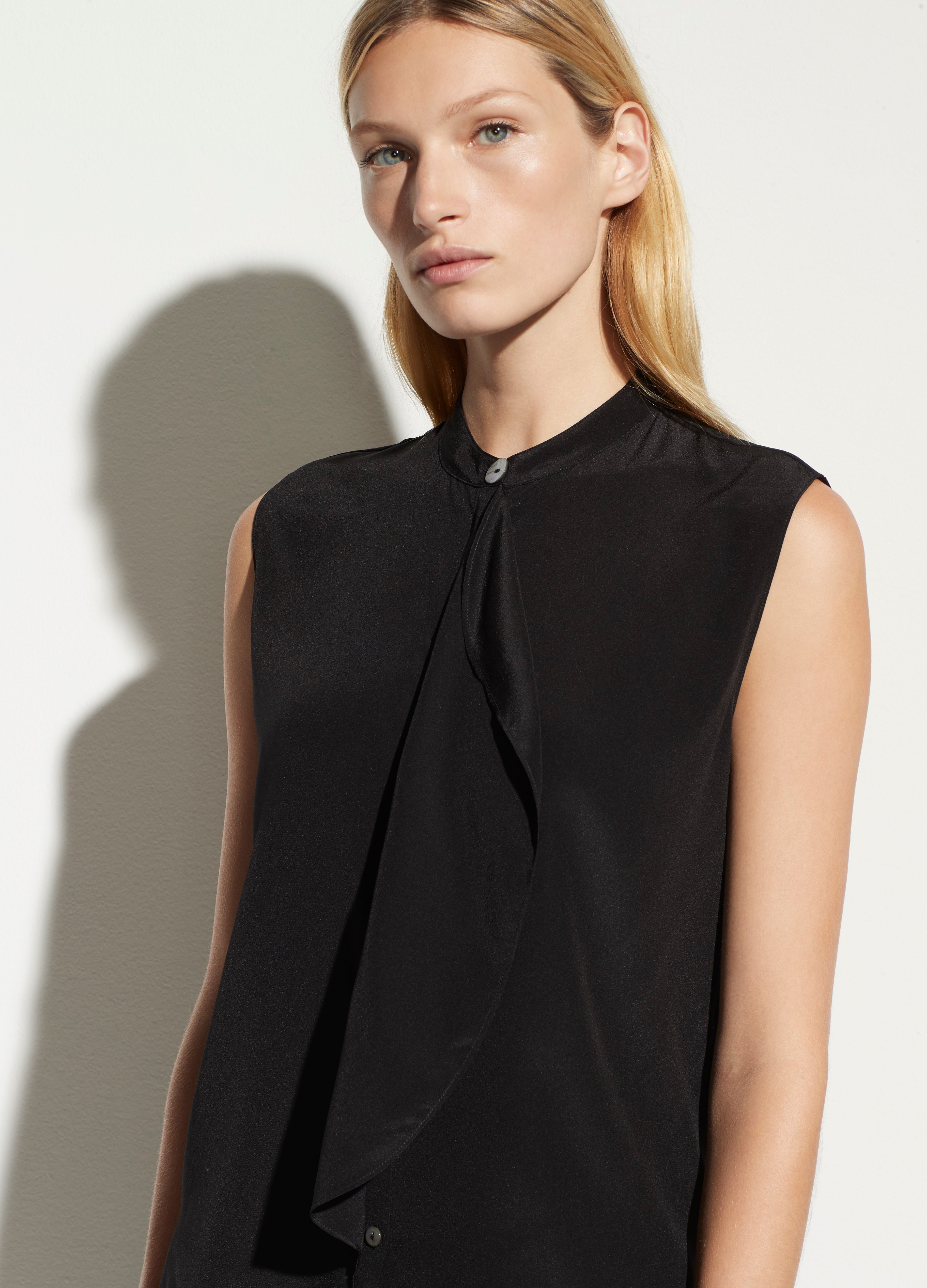 Vince | Sleeveless Silk Flutter Blouse in Black | Vince Unfold