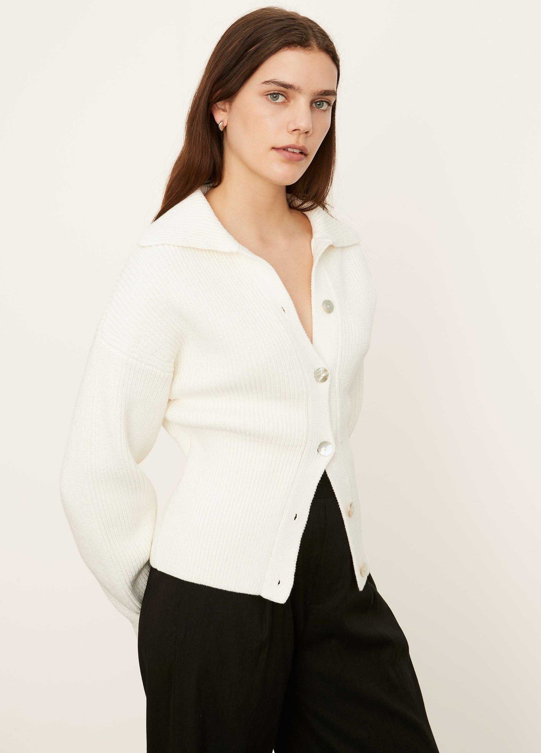 Vince | Ribbed Collar Cardigan in Optic White | Vince Unfold