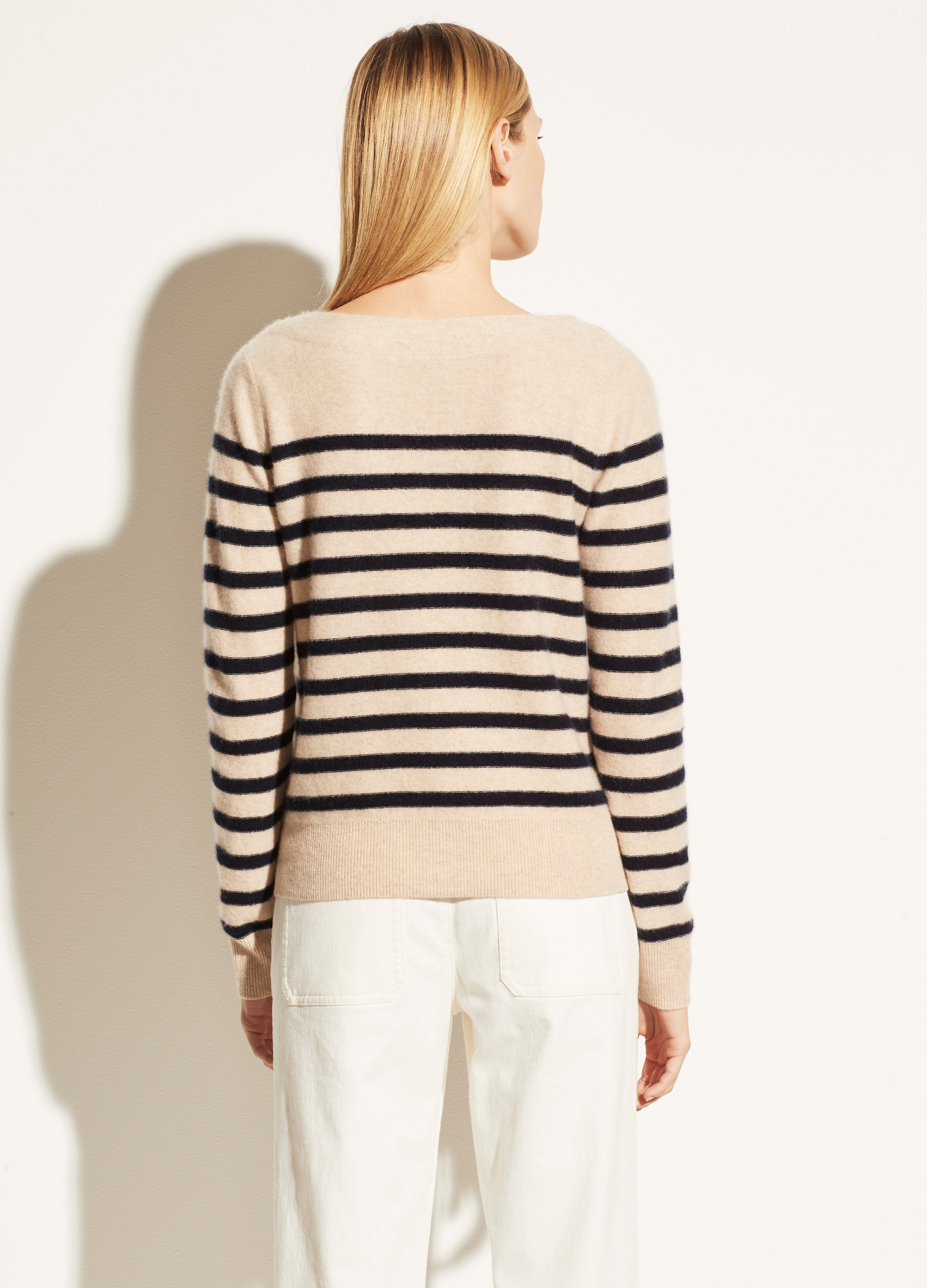 Vince | Breton Stripe Cashmere Boatneck in Almond/Coastal | Vince Unfold