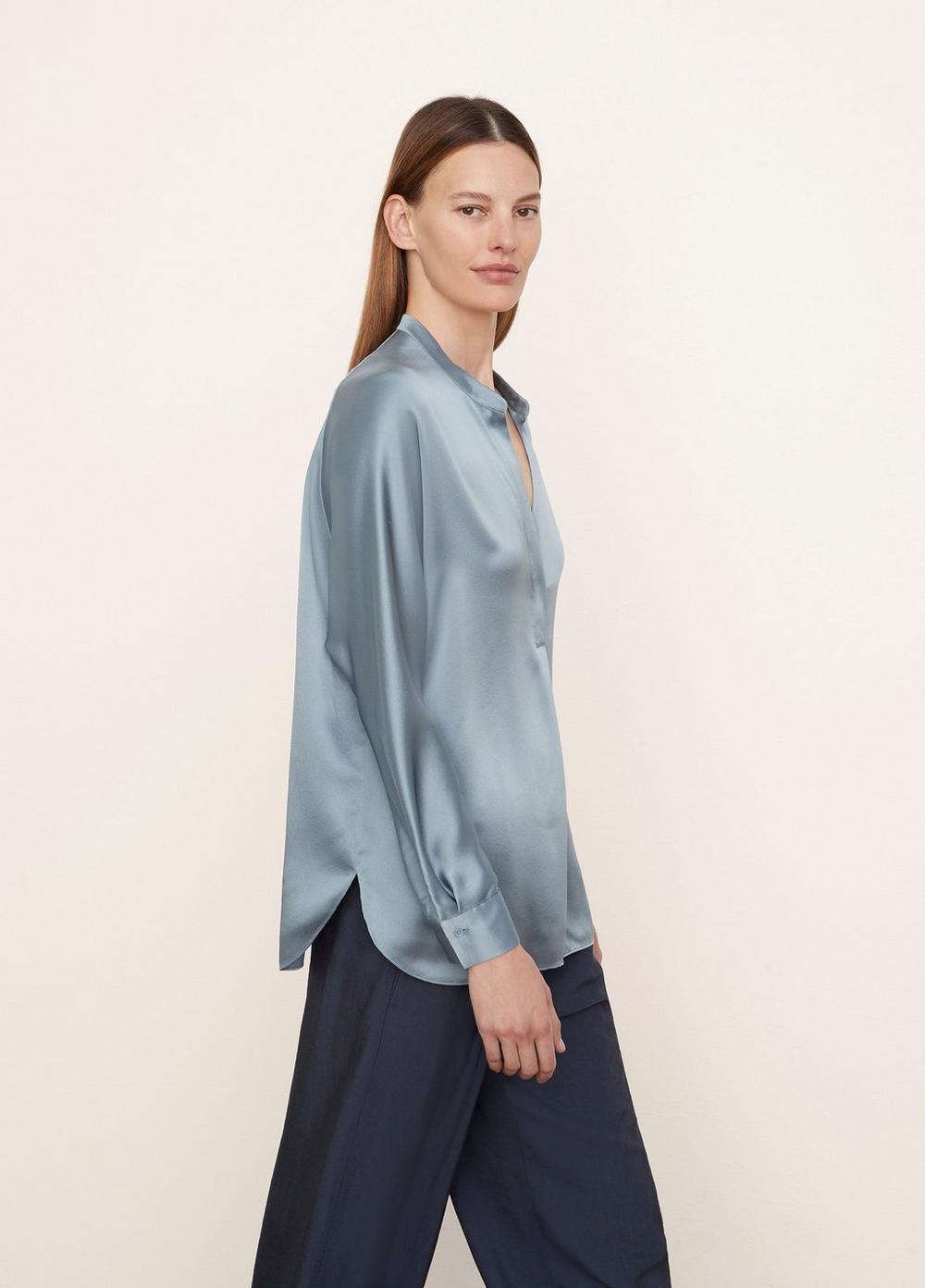 Vince | Fitted Silk Band Collar Blouse in Lake | Vince Unfold