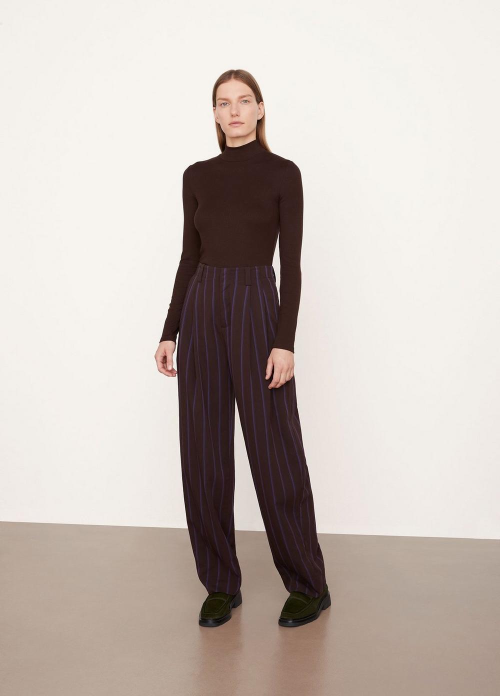 Vince, Striped Pleat Front Wide Leg Cropped Pant in Hickory/Dark Zinnia
