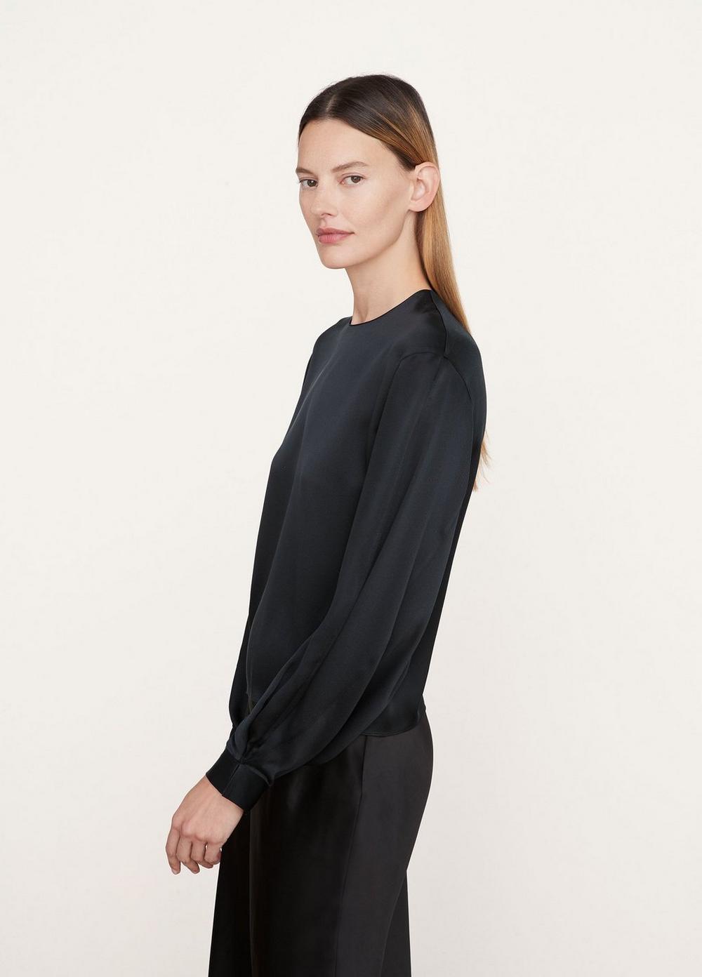 Vince | Pleated Cuff Crew Neck Blouse in Black | Vince Unfold