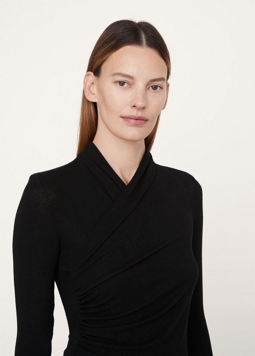 Vince | Long Sleeve Fixed Wrap Top in Black | Vince Unfold