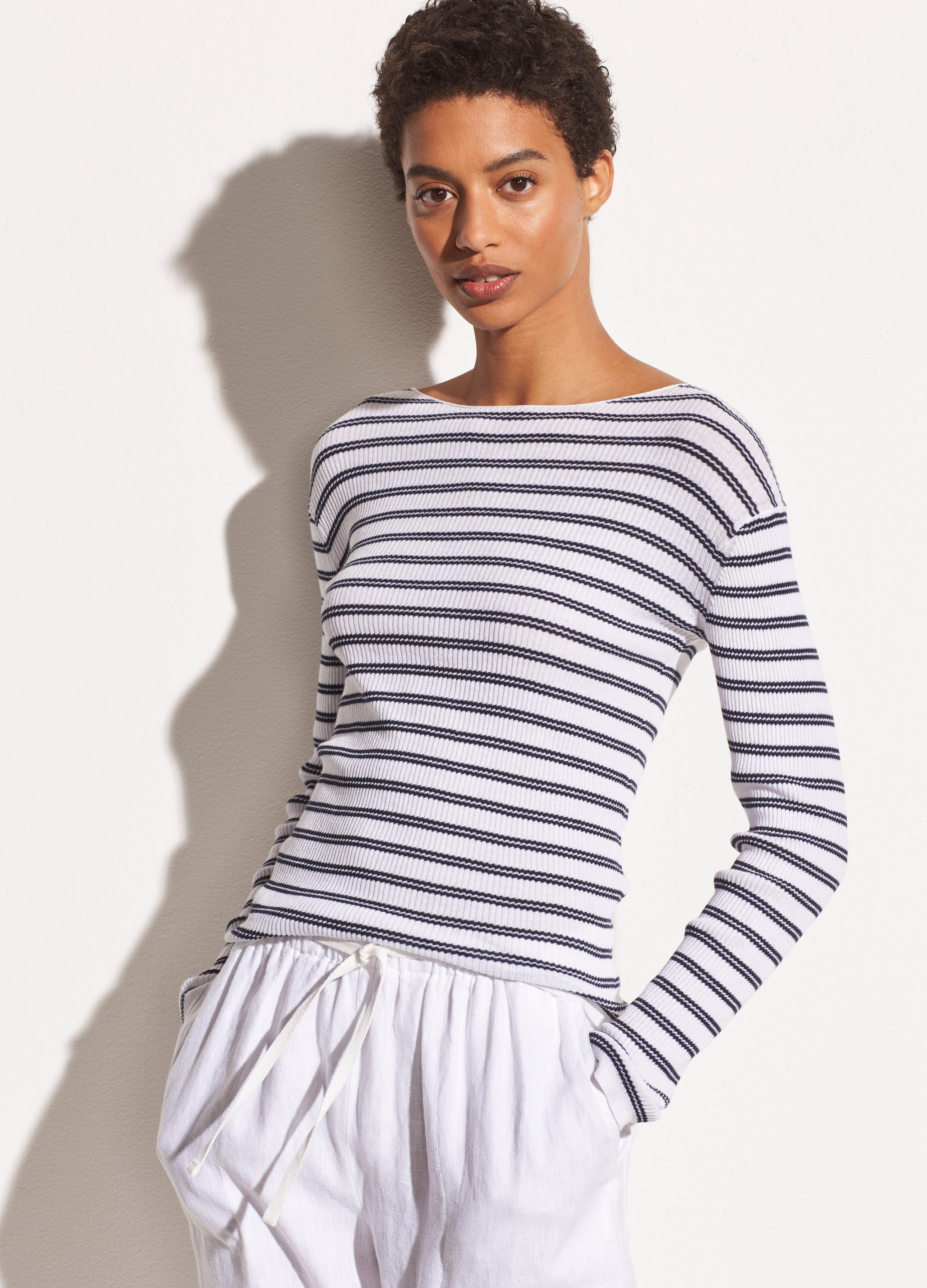 Vince | Striped Ribbed Boat Neck in Optic White/Marine | Vince Unfold