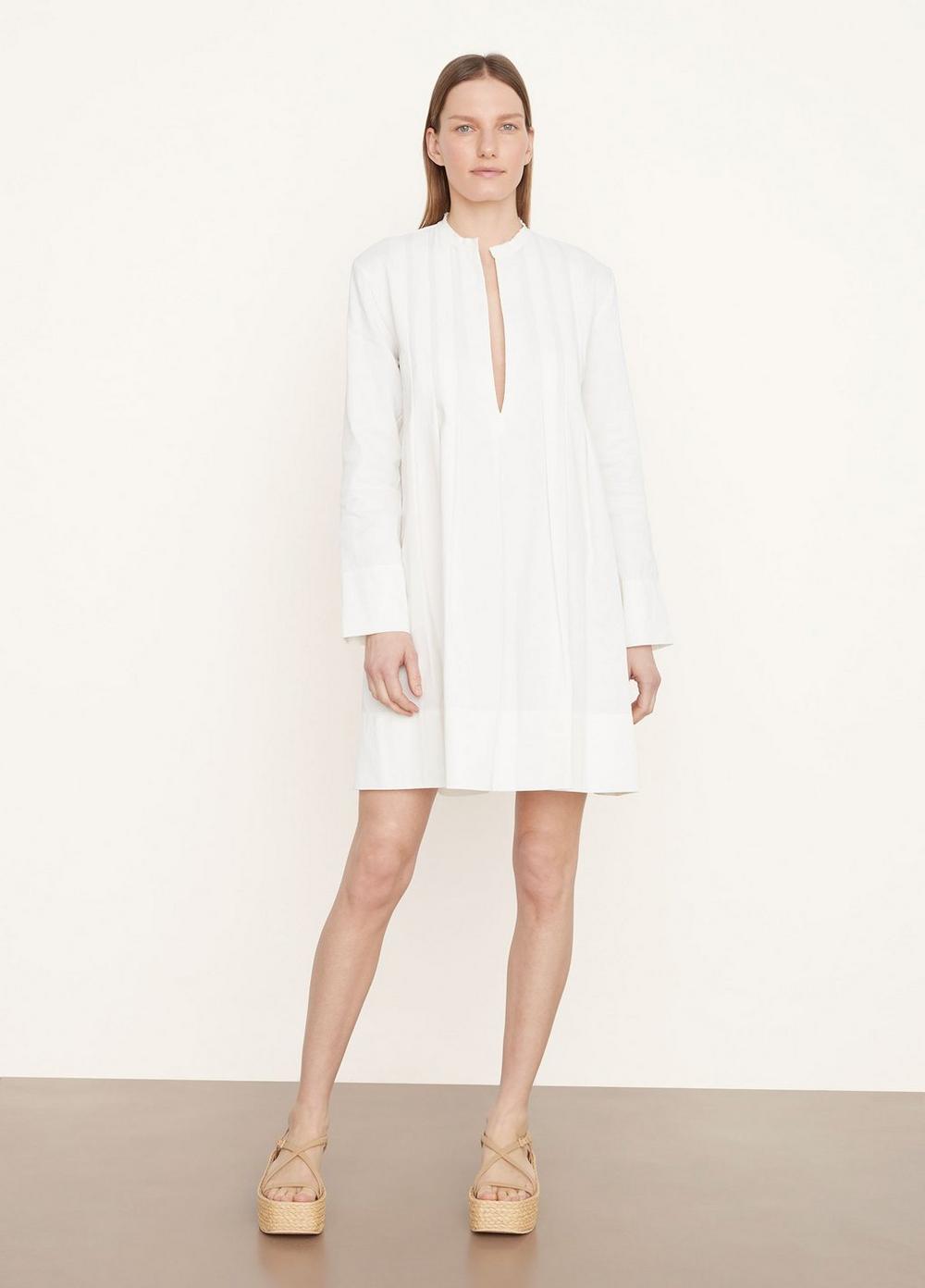 Vince | Trapeze-Pleated Long-Sleeve Dress in Off White | Vince Unfold