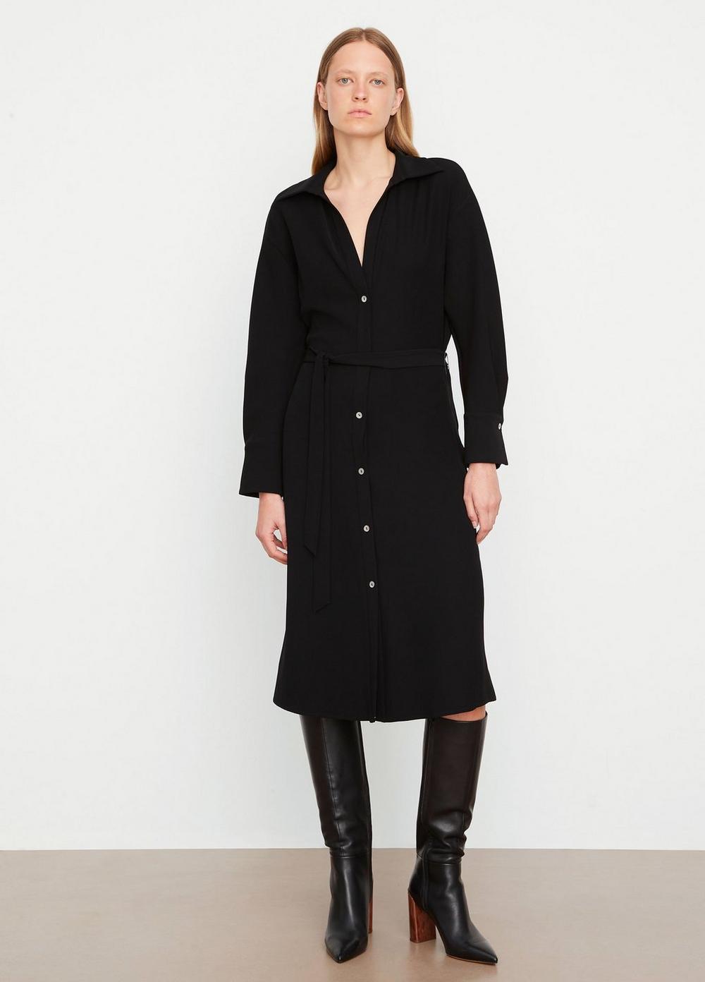 Vince | Long-Sleeve Belted Shirt Dress in Black | Vince Unfold