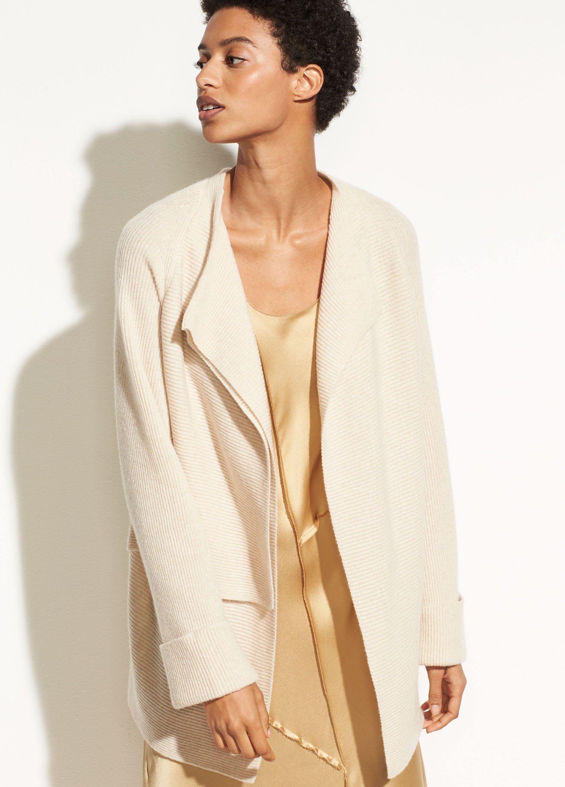 Vince | Drape Front Wool Cardigan in Sand | Vince Unfold